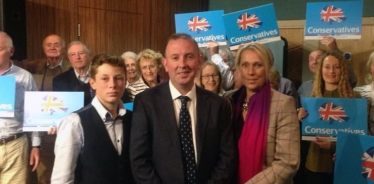 James Airey (centre foreground), his son Owen, (left foreground) and wife Caroline (right foreground) with Westmorland and Lonsdale Conservative members at the selection meeting in Kendal on 28 May.