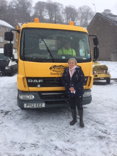 Councillor Sheila Capstick with the delivery of grit she secured from Cumbria County Council.